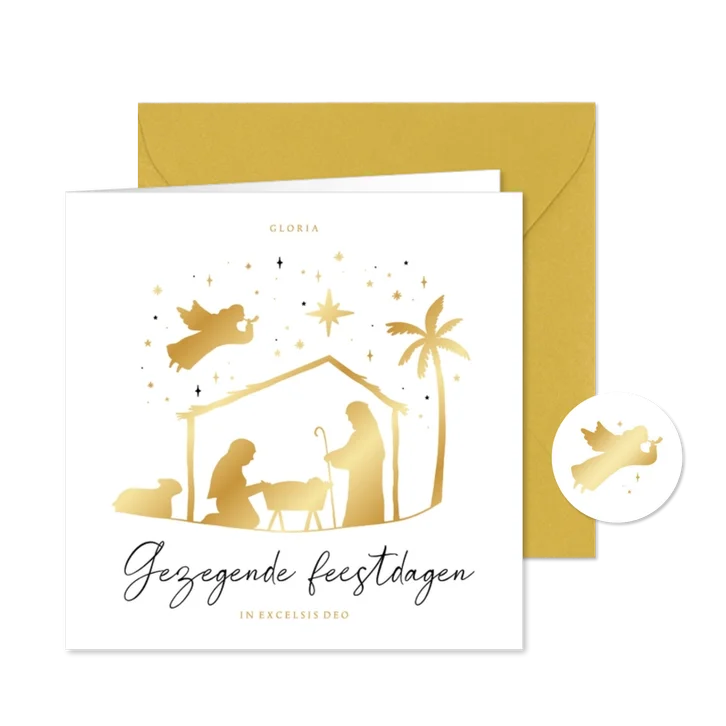 Kerstkaart christelijk kerststal jozef maria engel goud