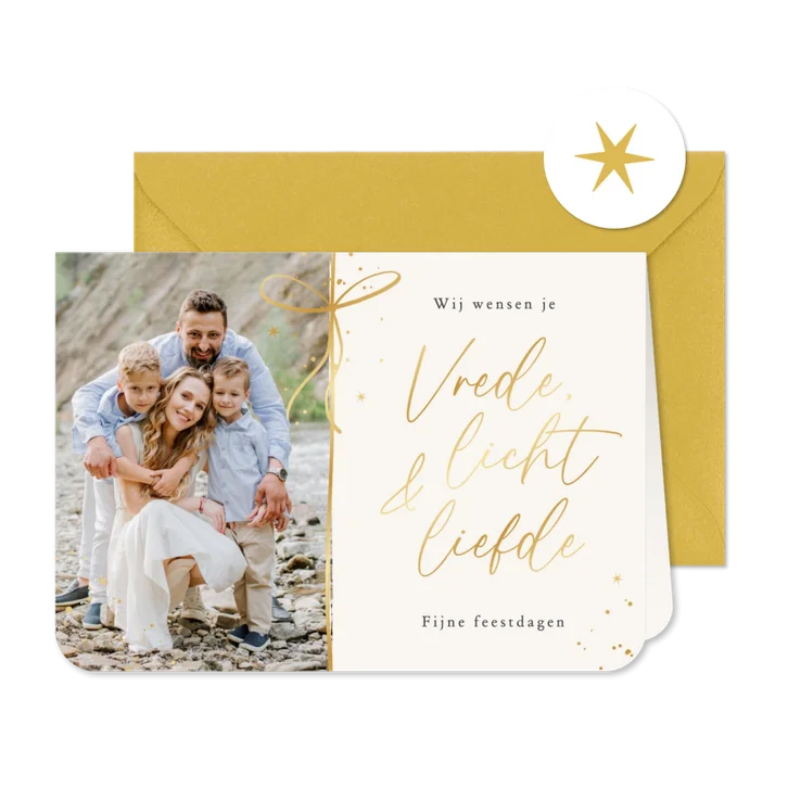 Kerstkaart christelijk licht liefde vrede strik goud foto