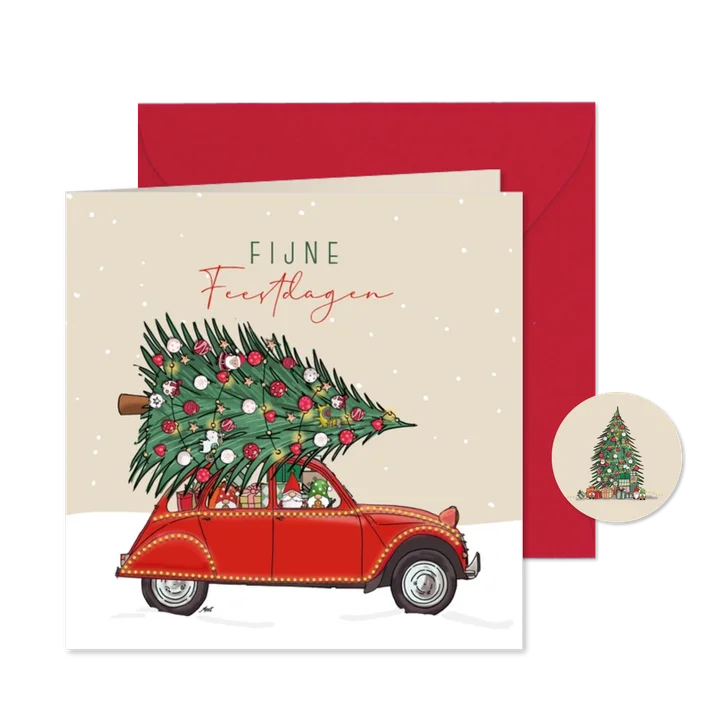 Kerstkaart Citroën 2cv rood met kerstboom