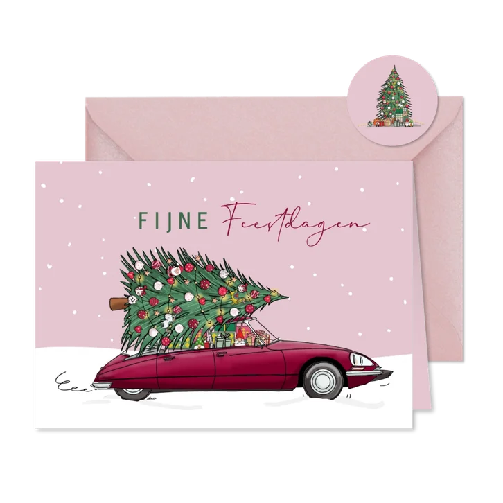 Kerstkaart Citroen DS bordeaux rood met kerstboom