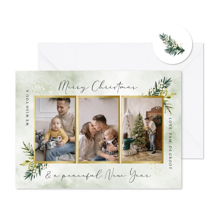 Kerstkaart collage stijlvol botanische bladeren sterren goud