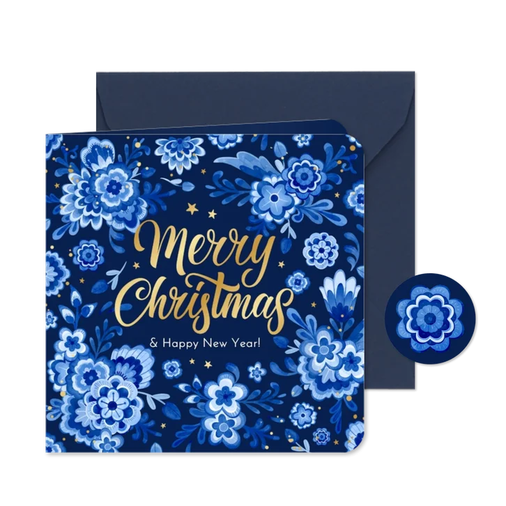 Kerstkaart delfts blauw bloemen sprankelend sterren stijlvol