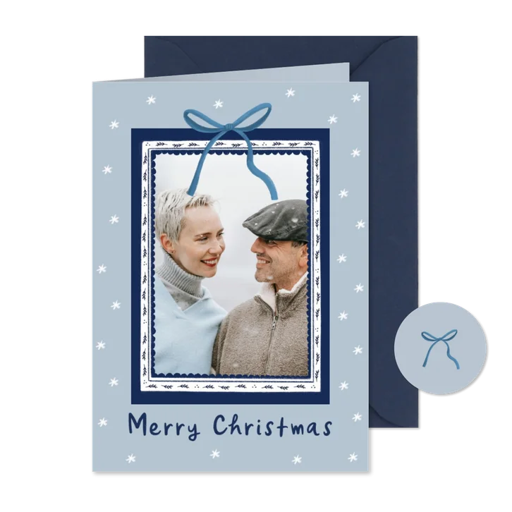 Kerstkaart Delfts blauw foto kader en strik