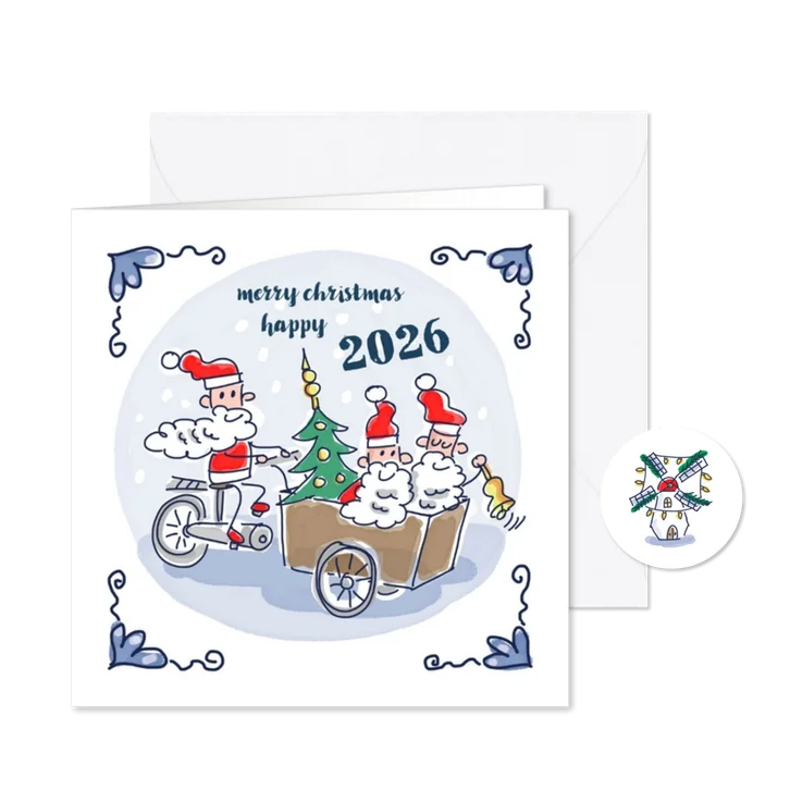Kerstkaart Delfts blauw tegeltje met kerstmannen op bakfiets