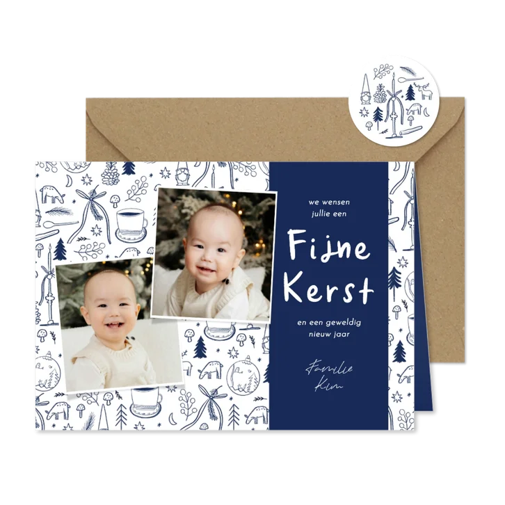 Kerstkaart Delfts blauwe tekeningen foto's fijne kerst