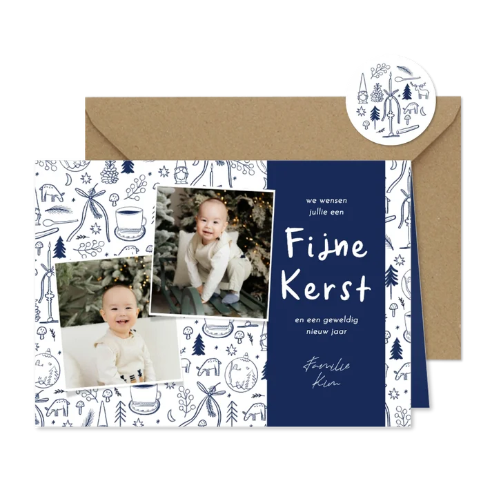 Kerstkaart Delfts blauwe tekeningen foto's fijne kerst