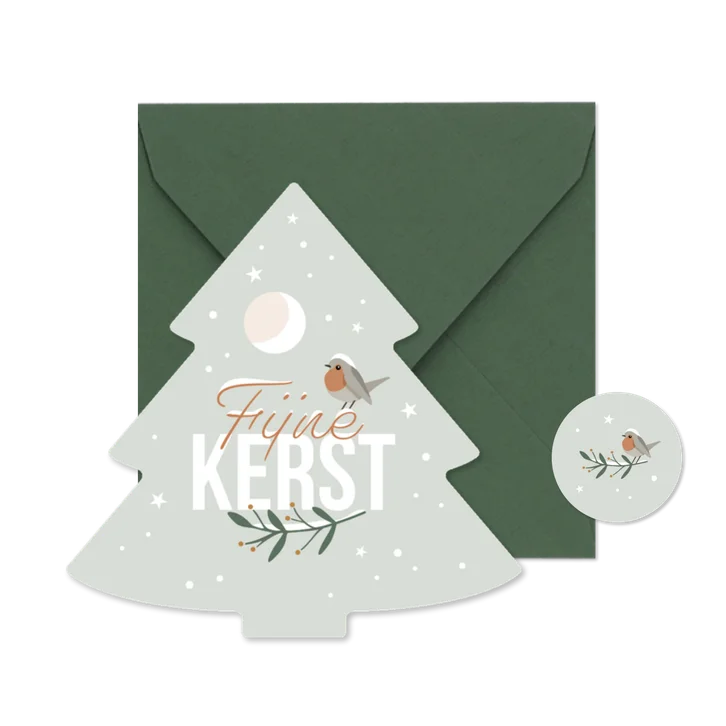 Kerstkaart dennenboompje 'Fijne Kerst' roodborstje & sneeuw