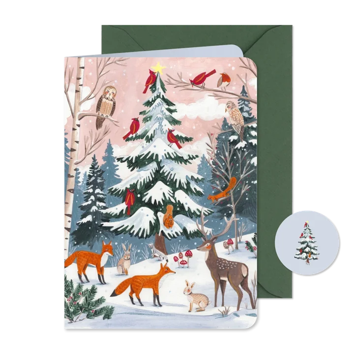 Kerstkaart dieren bij de witte kerstboom