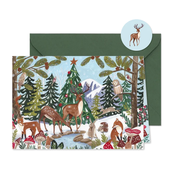 Kerstkaart dieren in het winter bos landschap