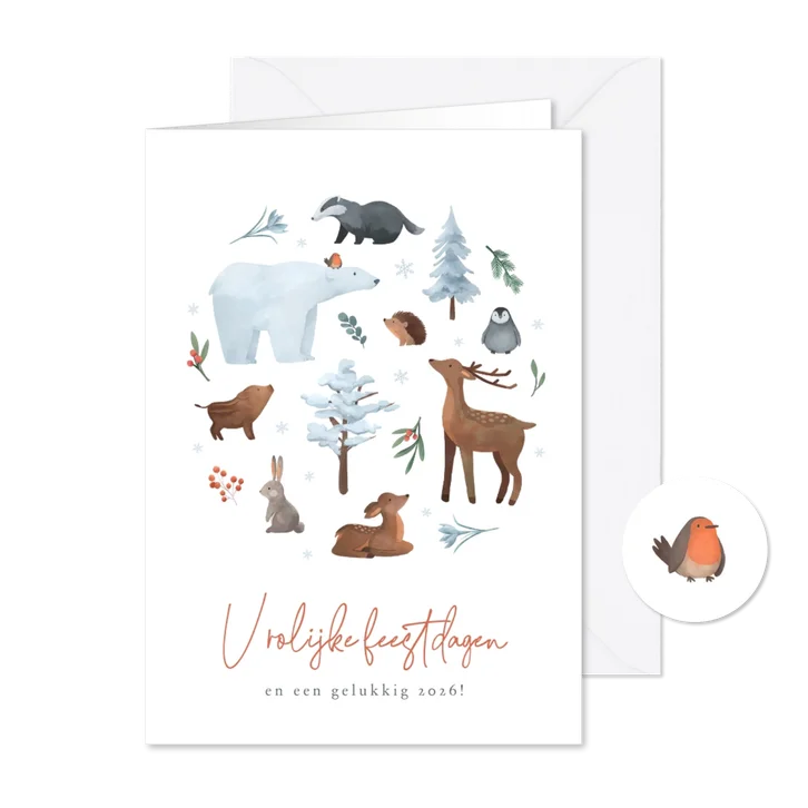 Kerstkaart dieren schattig winter vrolijke feestdagen