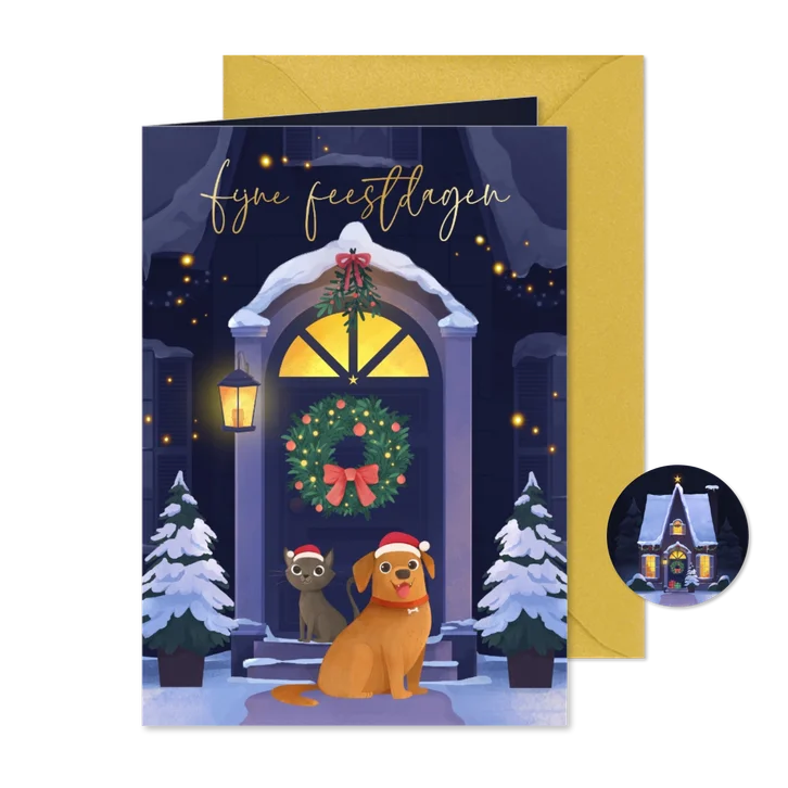 Kerstkaart dieren voordeur kersthuis krans maretak