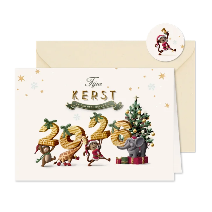 Kerstkaart diertjes jaartal als pakjes op weg naar kerstboom