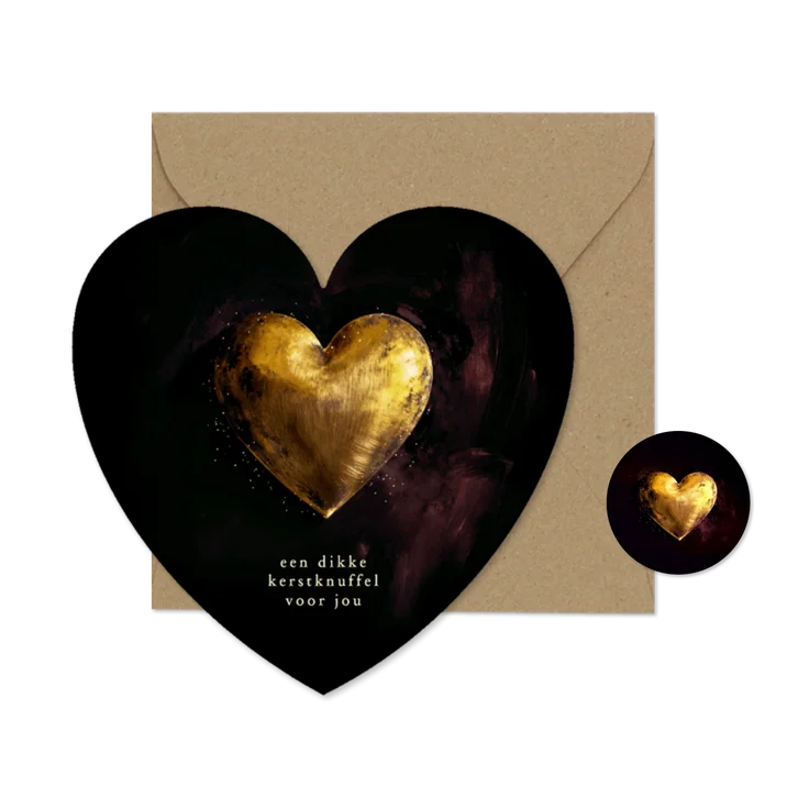 Kerstkaart dikke kerstknuffel in hartvorm donkerrood