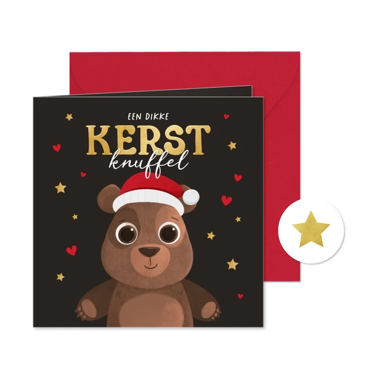 Kerstkaart dikke knuffel beer hartjes sterren kerstkmuts