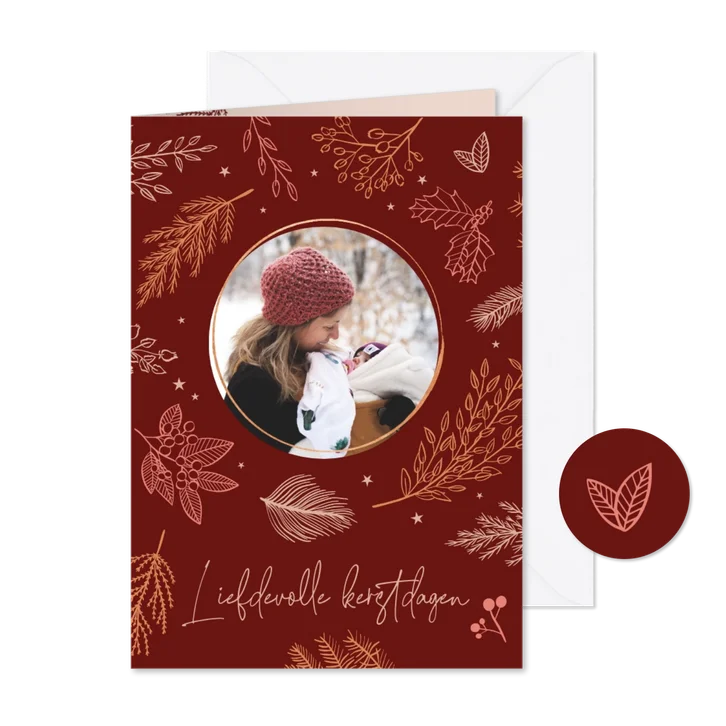 Kerstkaart donkerrood botanisch met foto