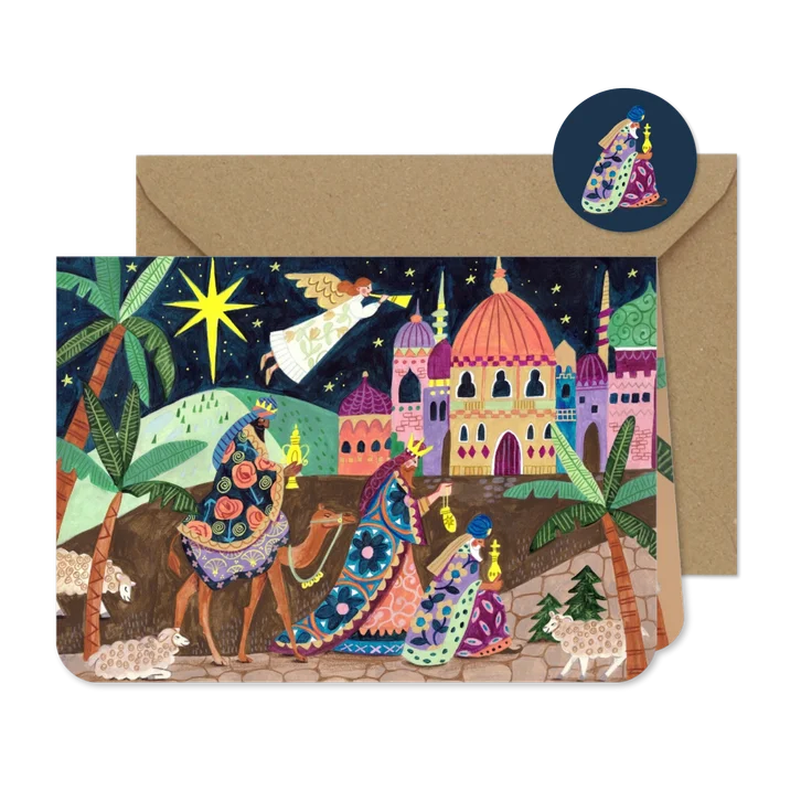 Kerstkaart drie koningen onder sterren hemel en palmboom