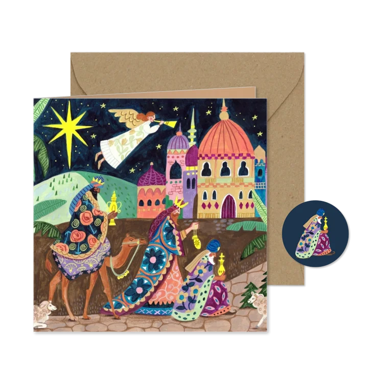Kerstkaart Drie koningen onder sterren hemel