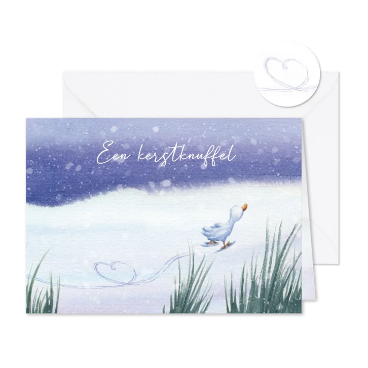 Kerstkaart eendje schaatst hartjesvorm