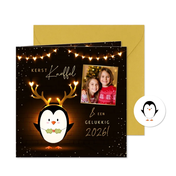 Kerstkaart eigen foto knuffel lichtgevende hartjes pinguïn