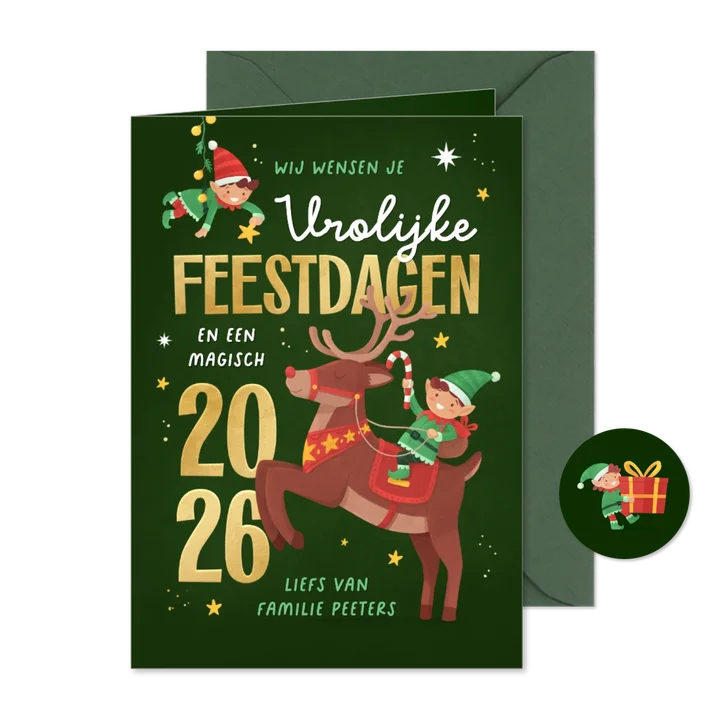 Kerstkaart elfjes rendier magische feestdagen 2026 vrolijk