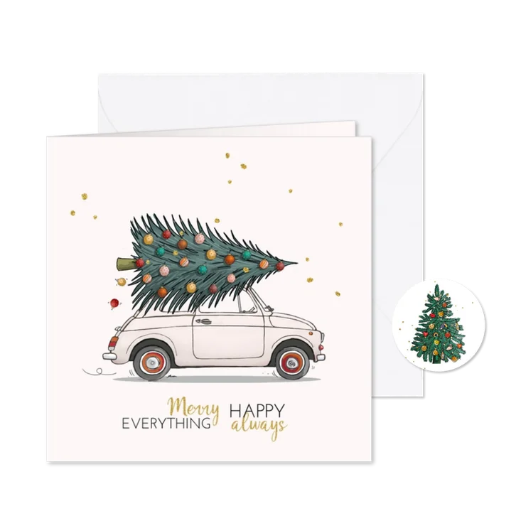 Kerstkaart Fiat 500 wit met kerstboom