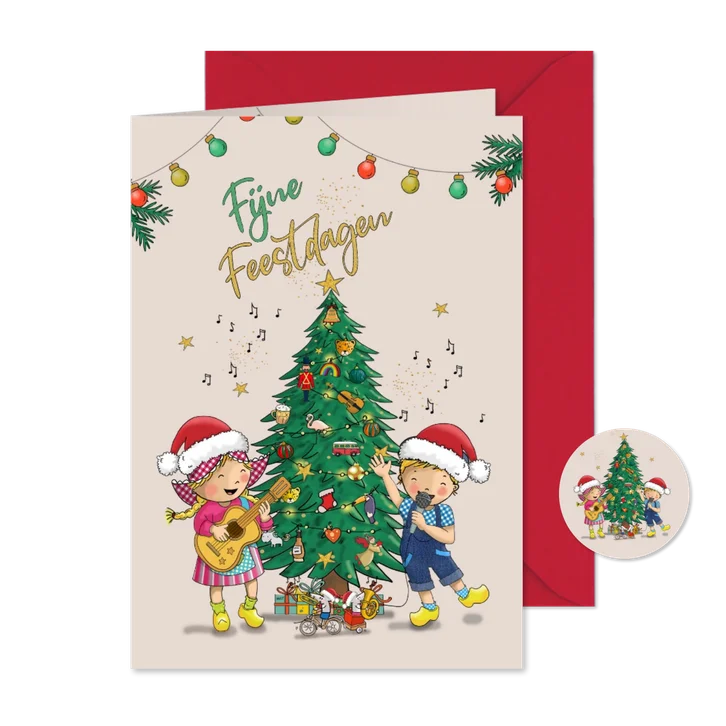 Kerstkaart Fien en Teun met kerstboom
