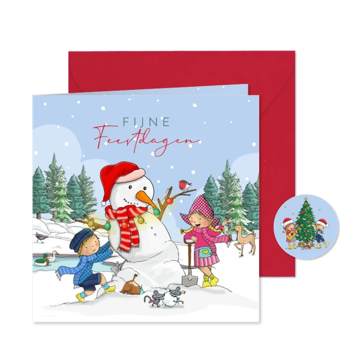 Kerstkaart Fien en Teun met sneeuwpop