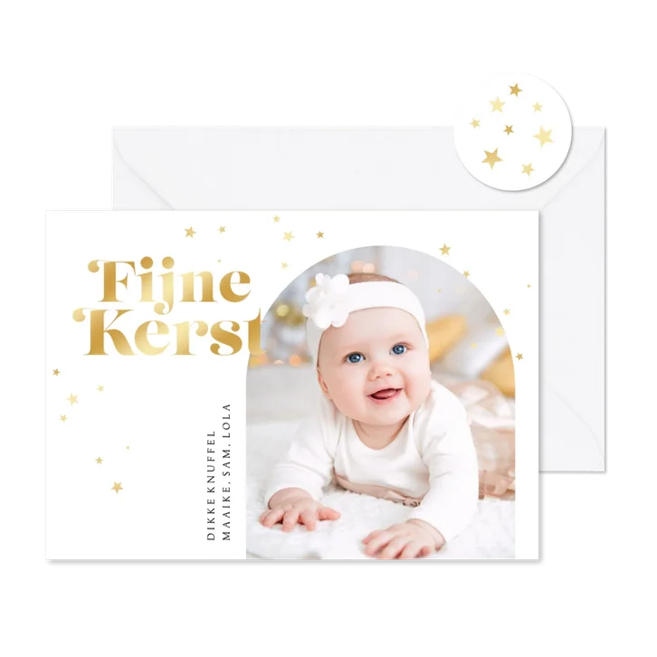 Kerstkaart fijne kerst foto sterren goud modern