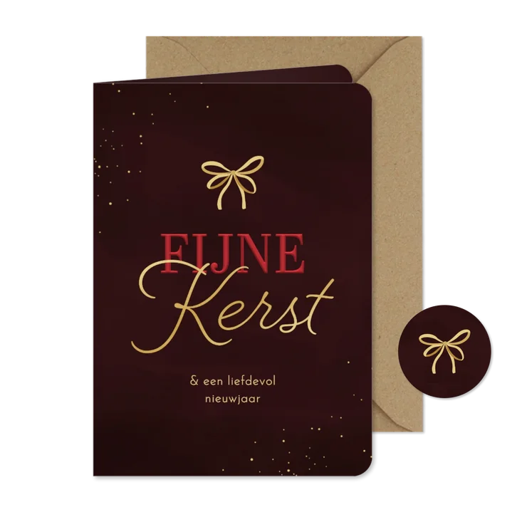 Kerstkaart fijne kerst strikje goud donkerrood