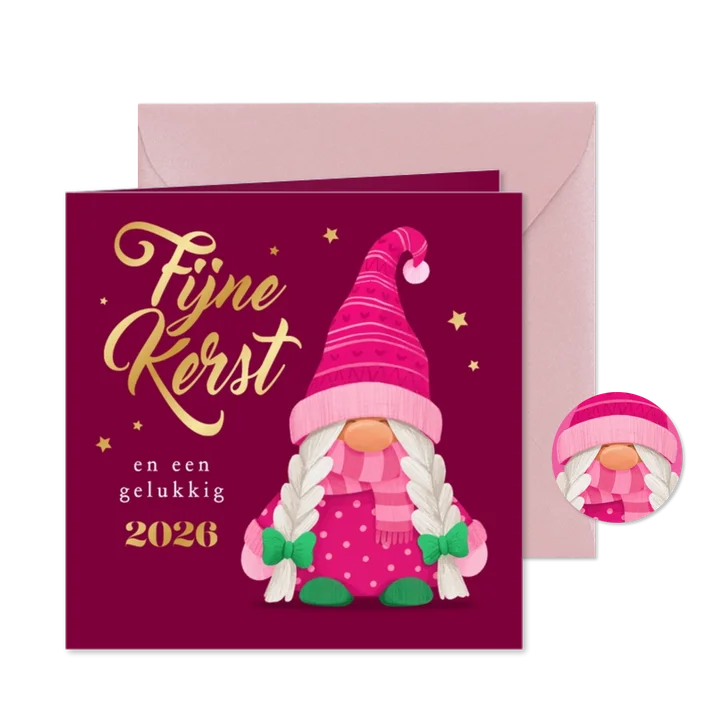 Kerstkaart fijne kerst vrouwelijke kabouter goud 2026