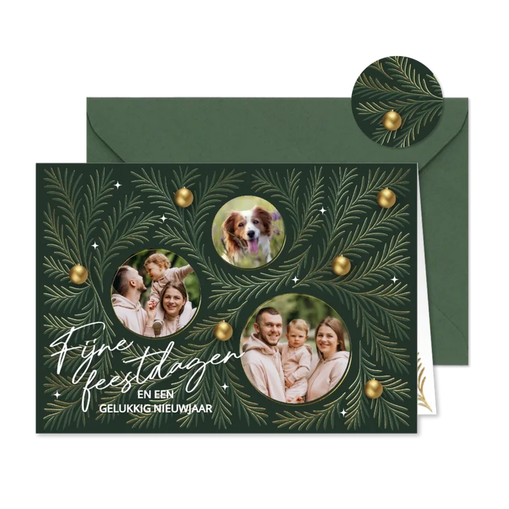 Kerstkaart foto collage groen met goud