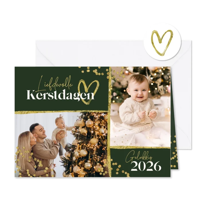 Kerstkaart foto goud confetti hartje fijne kerstdagen 2026