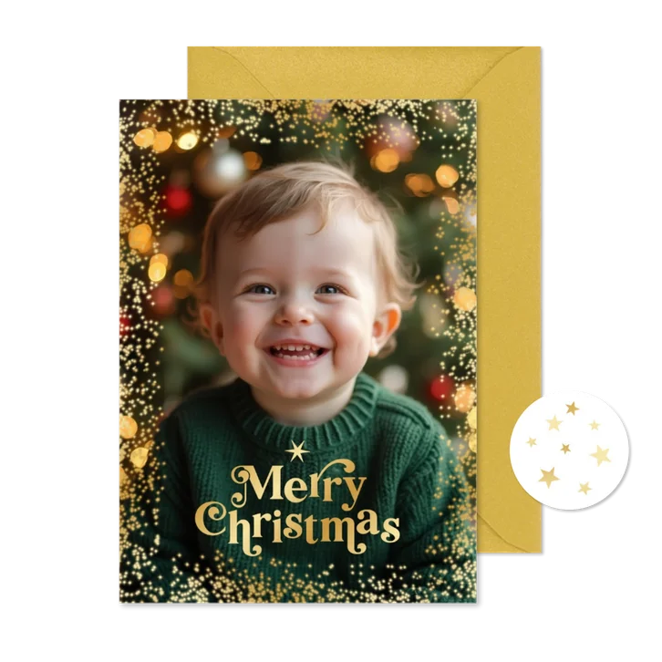 Kerstkaart foto groot merry christmas goud sprankelend
