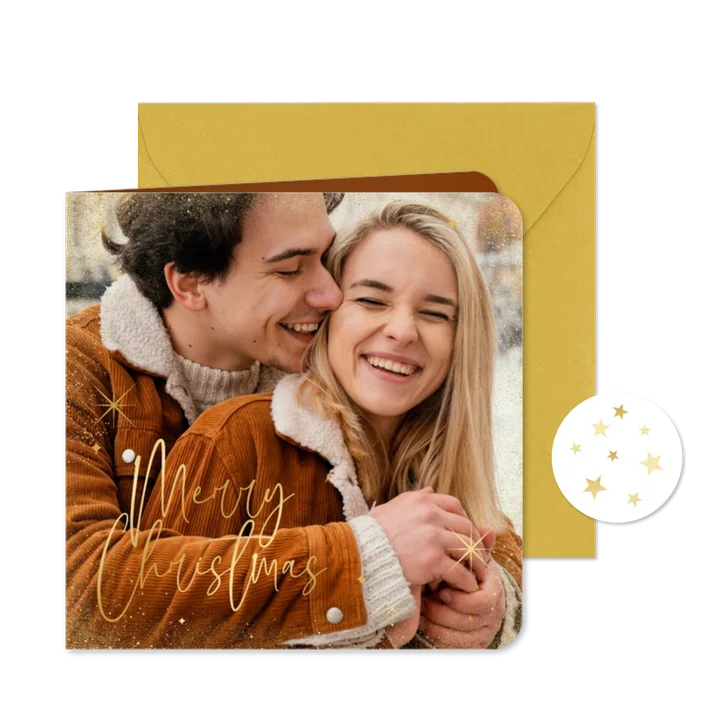 Kerstkaart foto kerst merry christmas gouden sterren