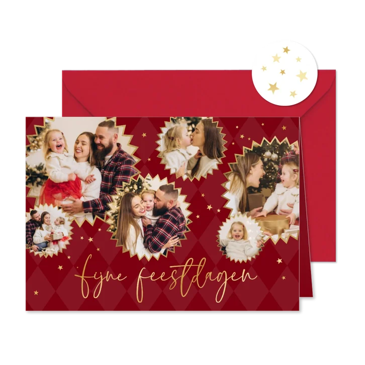 Kerstkaart foto's sterren goud fijne feestdagen fotocollage