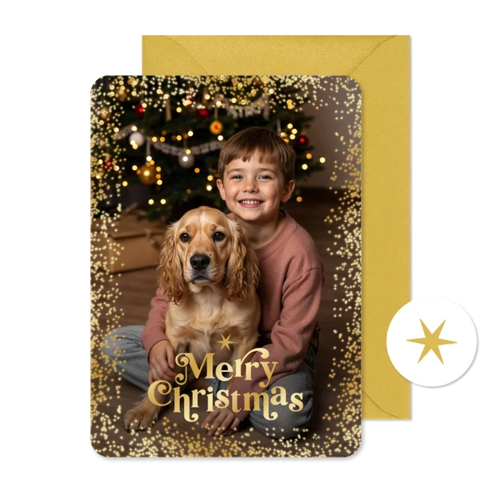 Kerstkaart foto sprankelend goud merry christmas