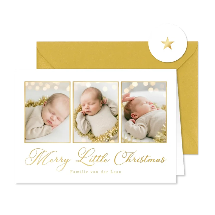 Kerstkaart fotocollage baby klassieke gouden typografie