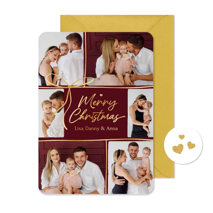 Kerstkaart fotocollage bordeaux rood strik goud hartje