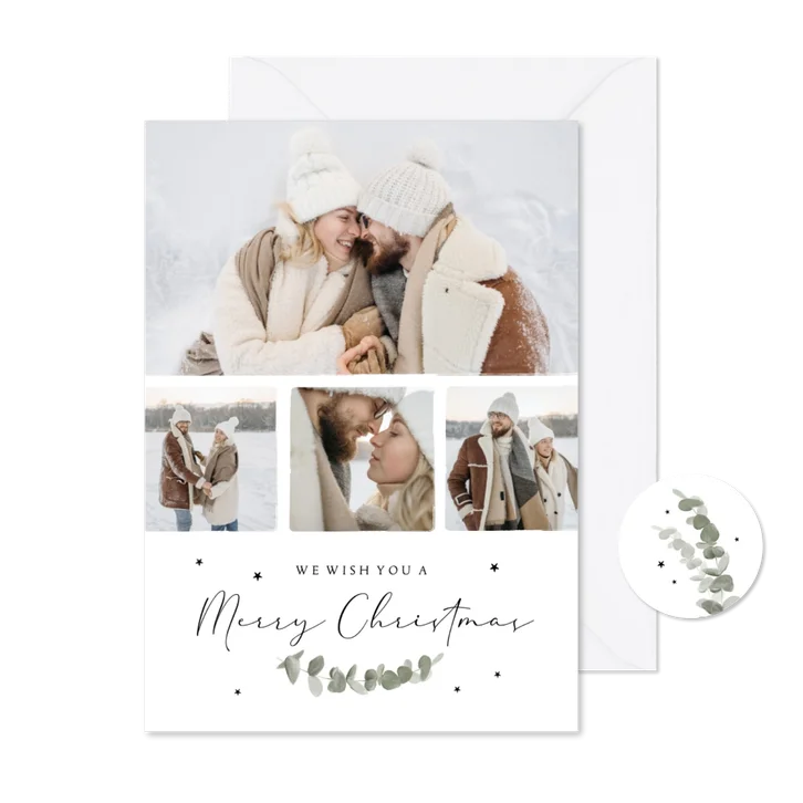 Kerstkaart fotocollage eucalyptus sterren stijlvol engels
