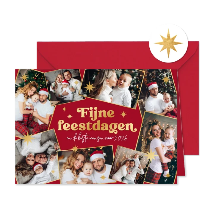 Kerstkaart fotocollage fijne feestdagen gouden sterren rood