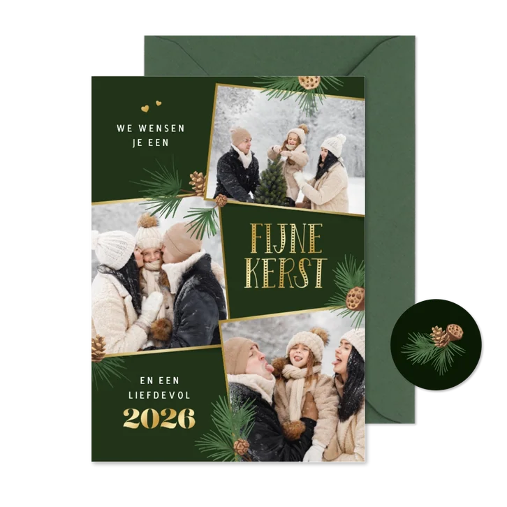 Kerstkaart fotocollage fijne kerst 2026 dennentakjes foto