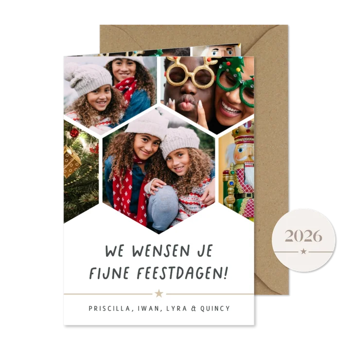 Kerstkaart fotocollage hexagon-modern met 5 foto's