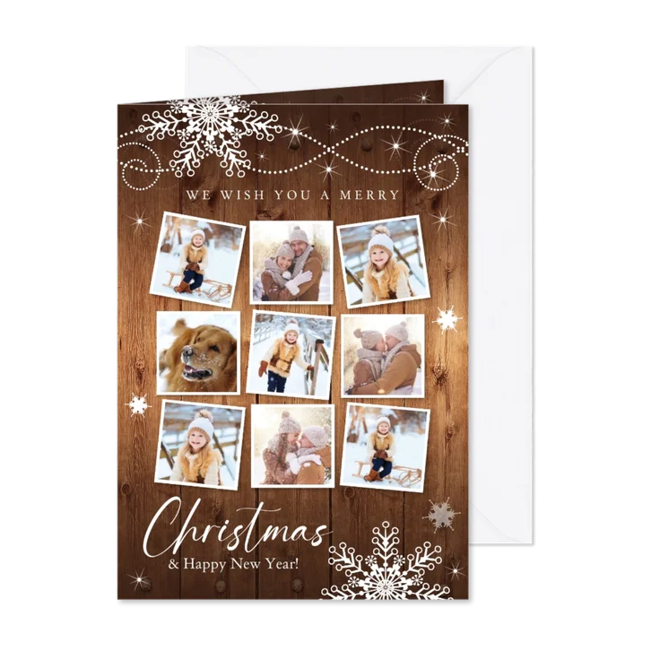 Kerstkaart fotocollage hout sneeuwvlokken
