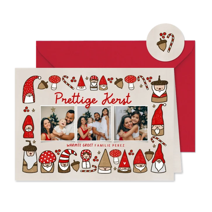 Kerstkaart fotocollage kabouters paddestoelen
