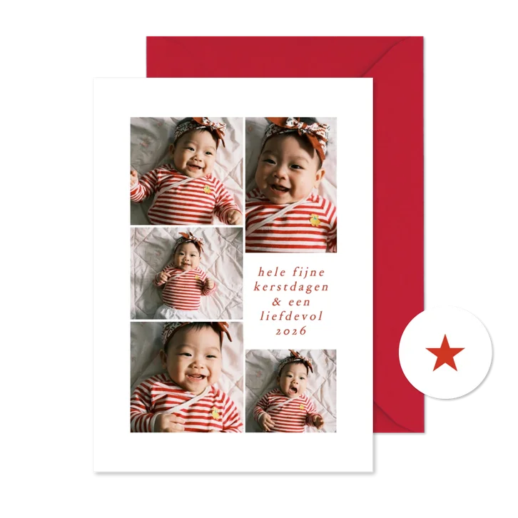 Kerstkaart fotocollage vijf foto's minimalistisch 