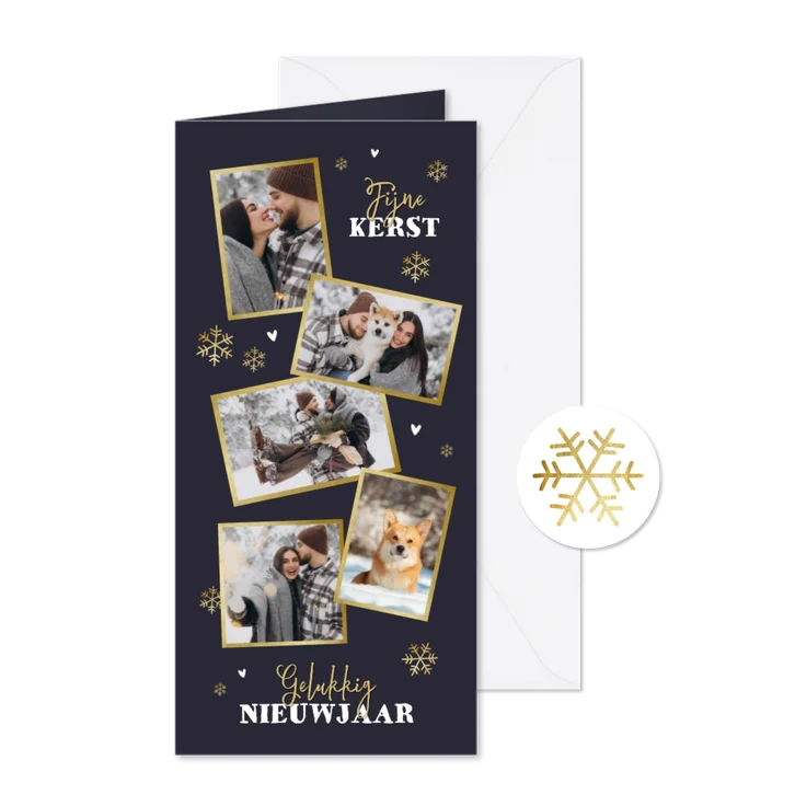 Kerstkaart fotocollage winter sneeuwvlokken goud foto's
