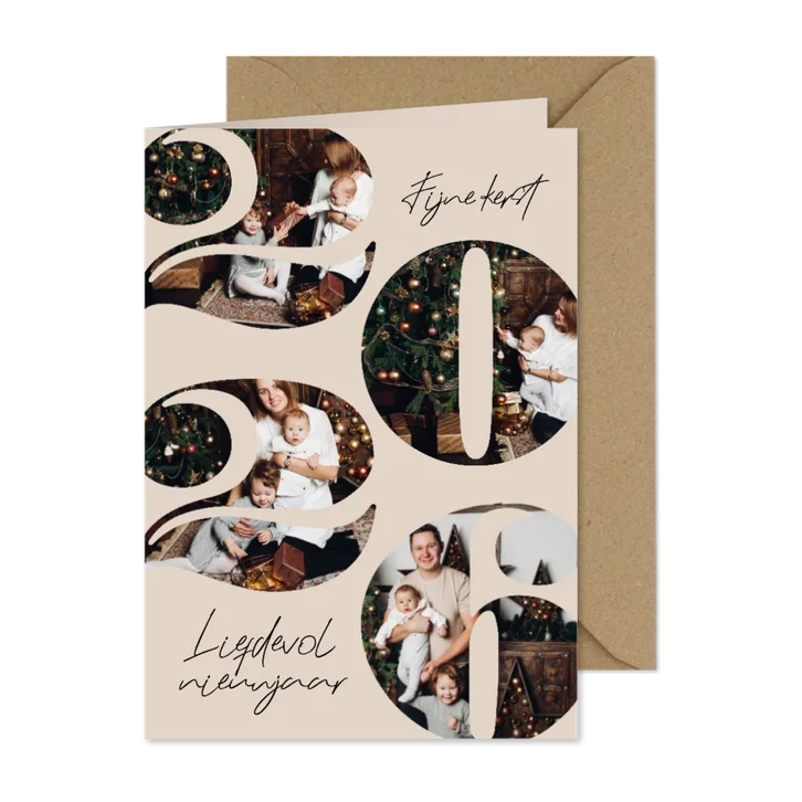 Kerstkaart fotokaart 2026 jaartal fotocollage stijlvol