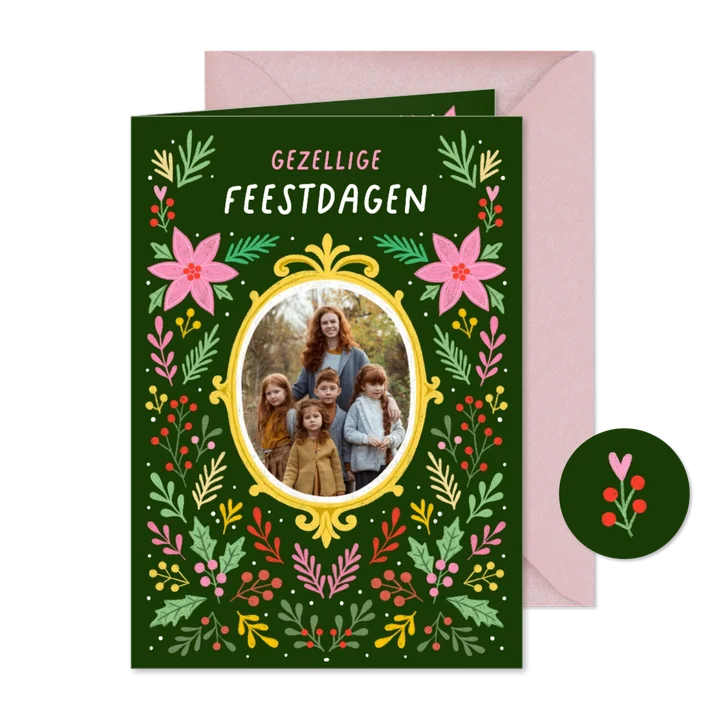 Kerstkaart fotokaart bloemen donkergroen