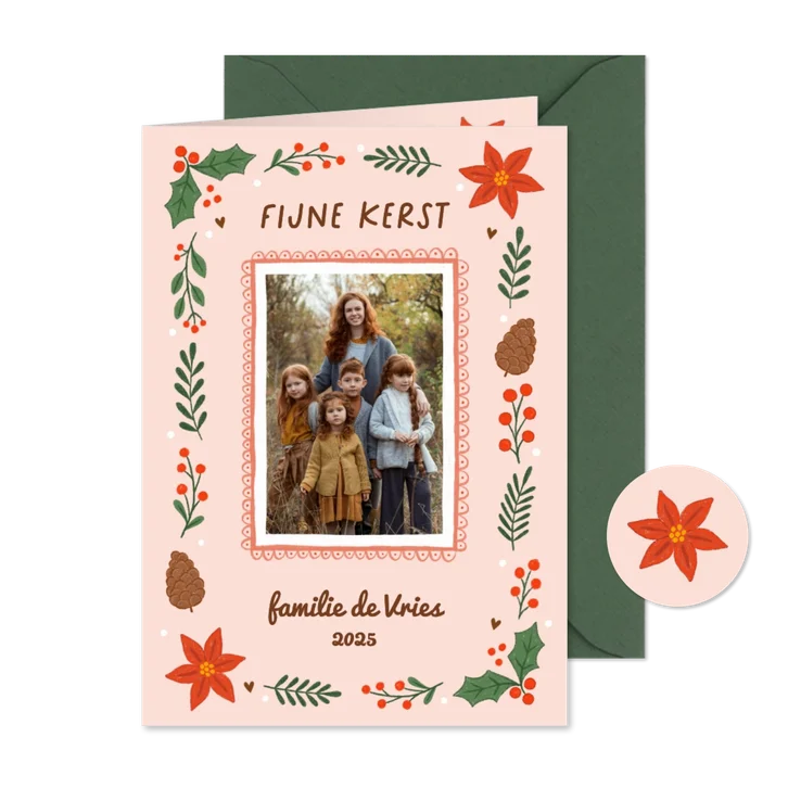 Kerstkaart fotokaart hulst besjes groen lichtoranje