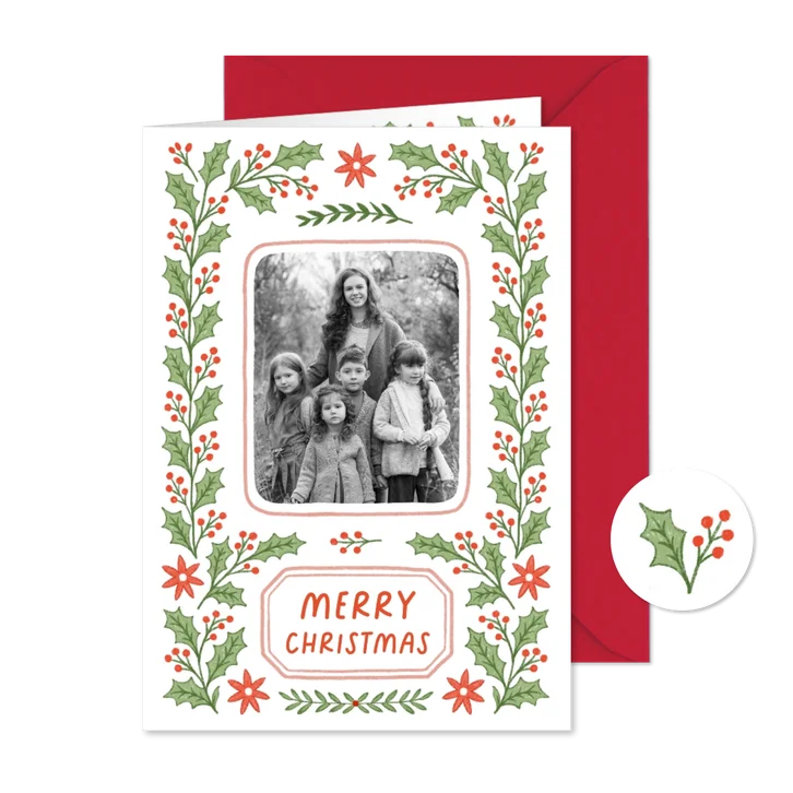 Kerstkaart fotokaart hulst besjes groen rood